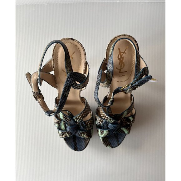 YSL Blue Leather Reptile Embossed Platform Sandals, Size 40 (IT), 10 (US) - Picture 3 of 11
